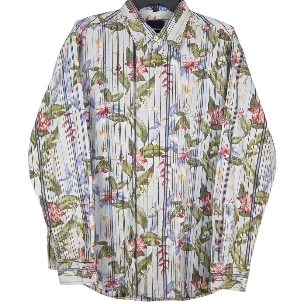 Tommy Bahama Mens Button Up Shirt Floral Blue Green Stripe Long Sleeve‎ Medium